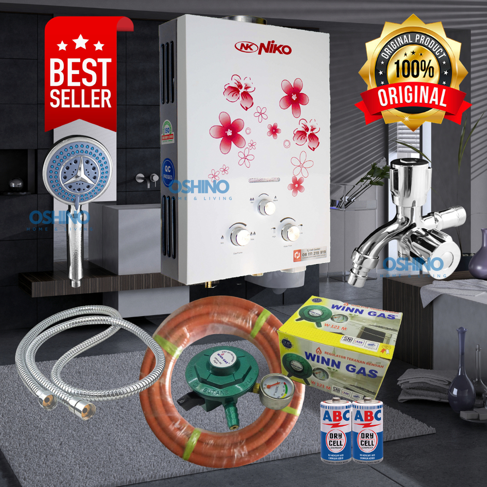 [COD] Paket Water Heater Gas Niko Terbaru - Pemanas Air Warna Putih Lengkap dengan Set Stainless