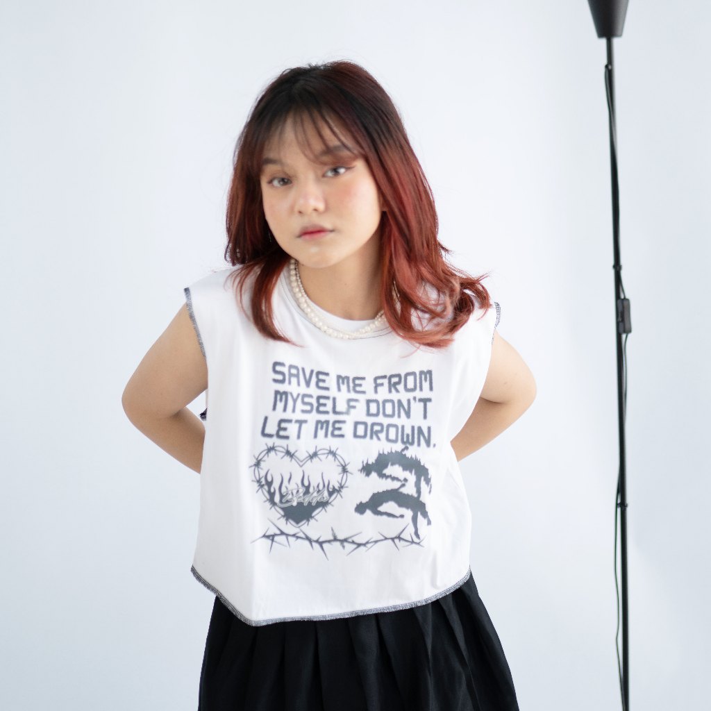 Bedda - Sleeveless Unfinished Crop T-Shirt Drown White