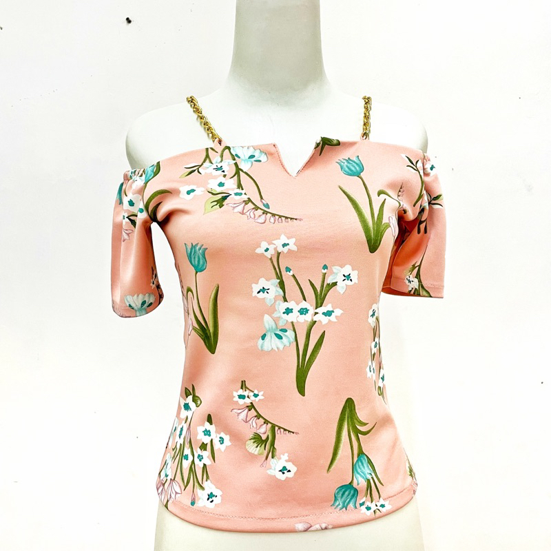 CROP TOP SABRINA TALI RANTAI GOLD SATIN MOTIF BUNGA