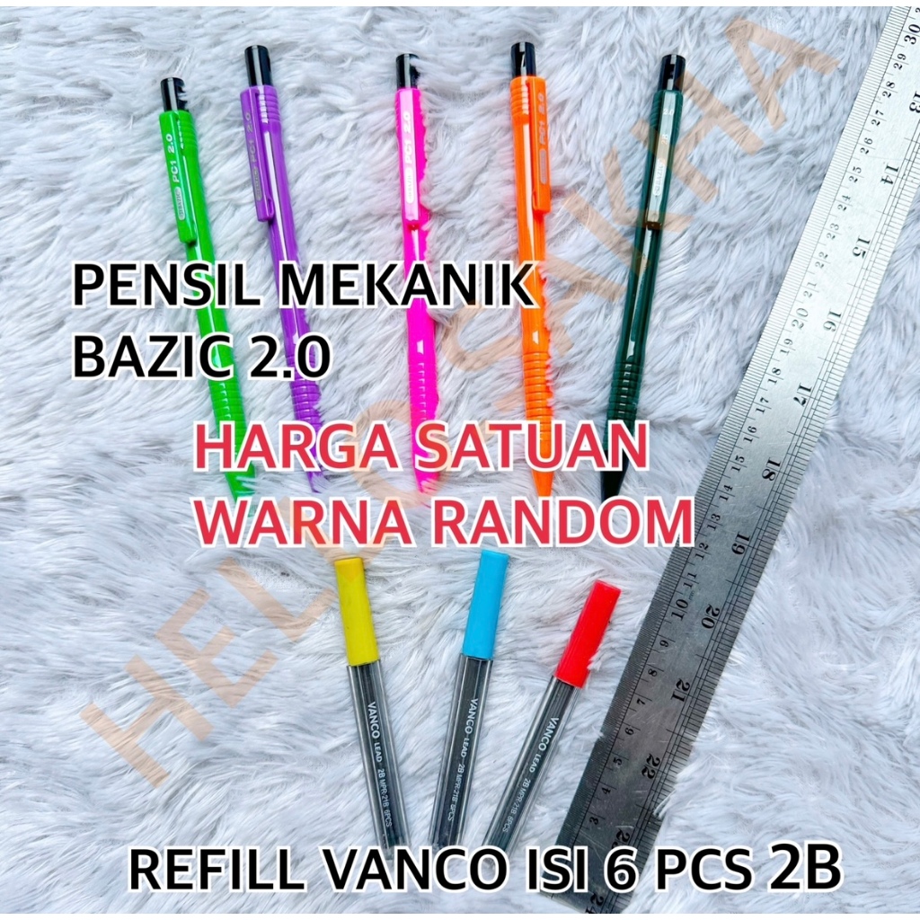 

PENSIL 2.0 MEKANIK MERK BAZIC ADA RAUTAN 2B DAN REFILL ISI PENCIL MERK VANCO ISI 6 PCS WARNA WARNI ATK ALAT TULIS SEKOLAH