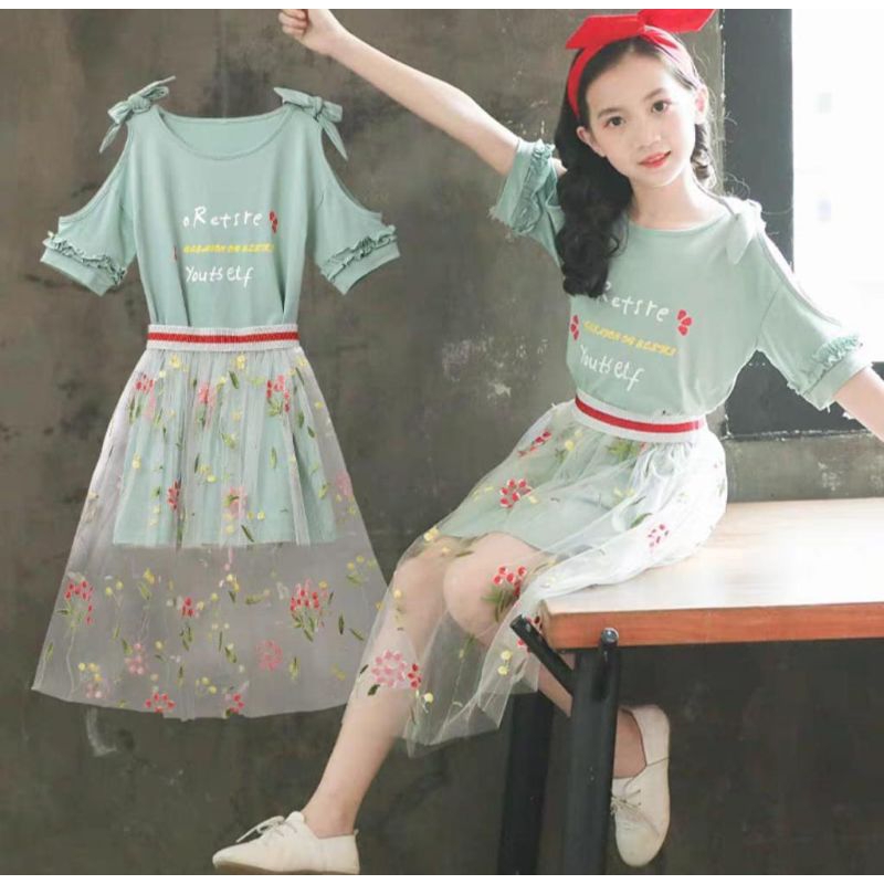 Baju Dress Anak Warna Sage Green Atasan Kaos Casual Model Korea