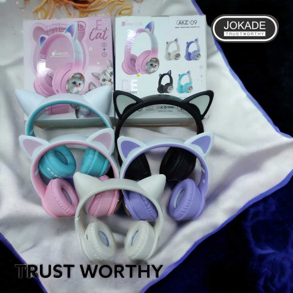 LED AKZ 09 Cat Headphone Bluetooth Telinga Kucing AKZ 09 Headphone Bando Bluetooth Led