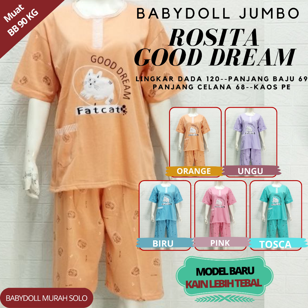 ( 3/4 BBD Domba Rosita Jumbo ) Babydoll Celana Pendek Baju Setelan Piyama Dewasa Wanita Bahan Kaos T