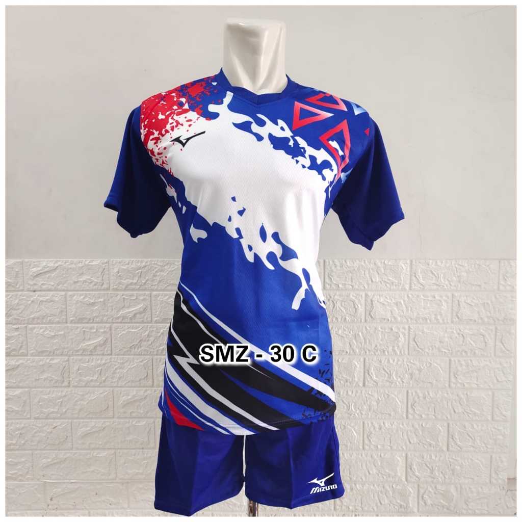 Set Jersey dan Celana Voli Printing Motif Bola Voli Kuning belakang Polos Biru