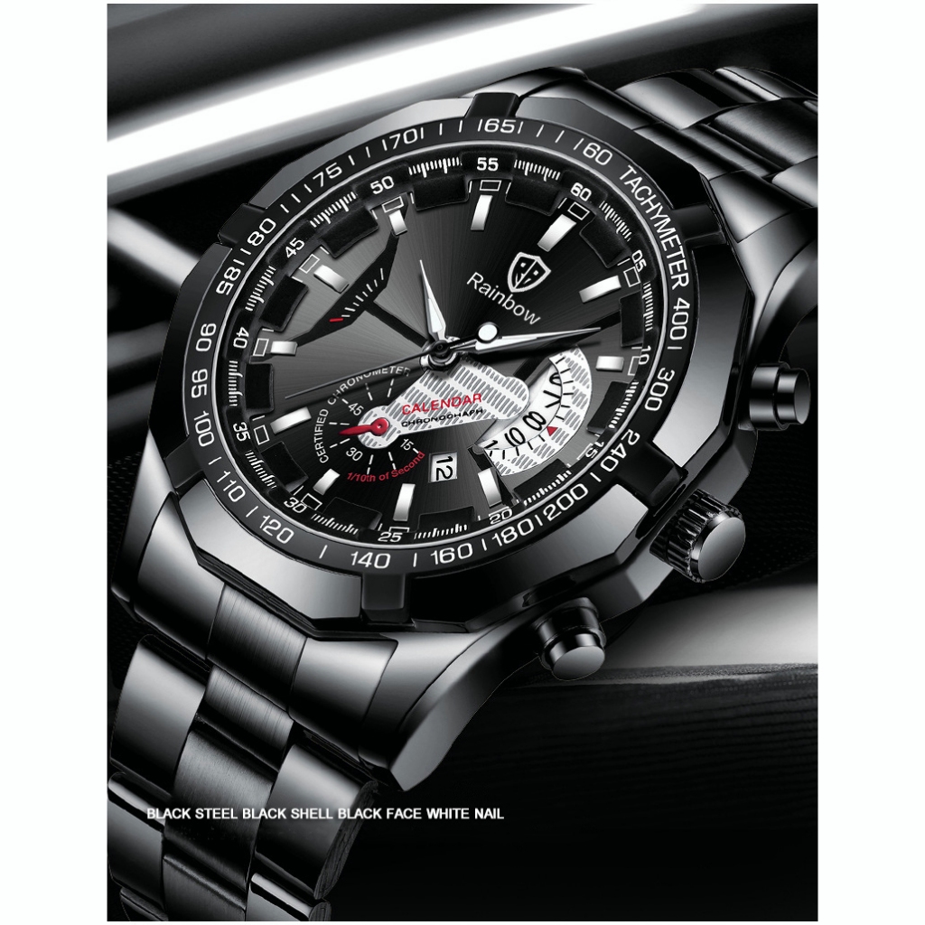 Rainbow COD Asli Jam Tangan Pria Tahan Air Anti Gores Mewah Stainless Steel Watch (Free Box + Card)-8