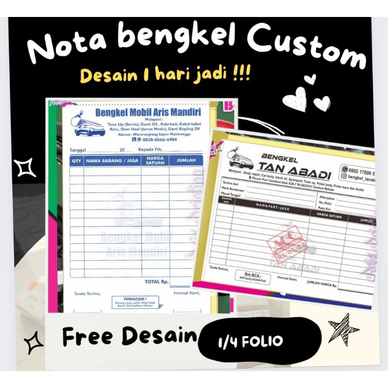 

Cetak Nota Bengkel Motor atau Mobil Custom Request Nama Toko Sendiri 2 rangkap / 2 ply isi 50 set 100 lembar
