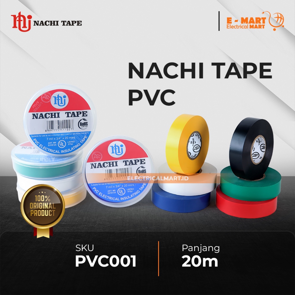 Nachi Isolasi Listrik PVC / Isolasi Hitam Listrik NACHI TAPE Merah Biru Putih Kuning Hijau