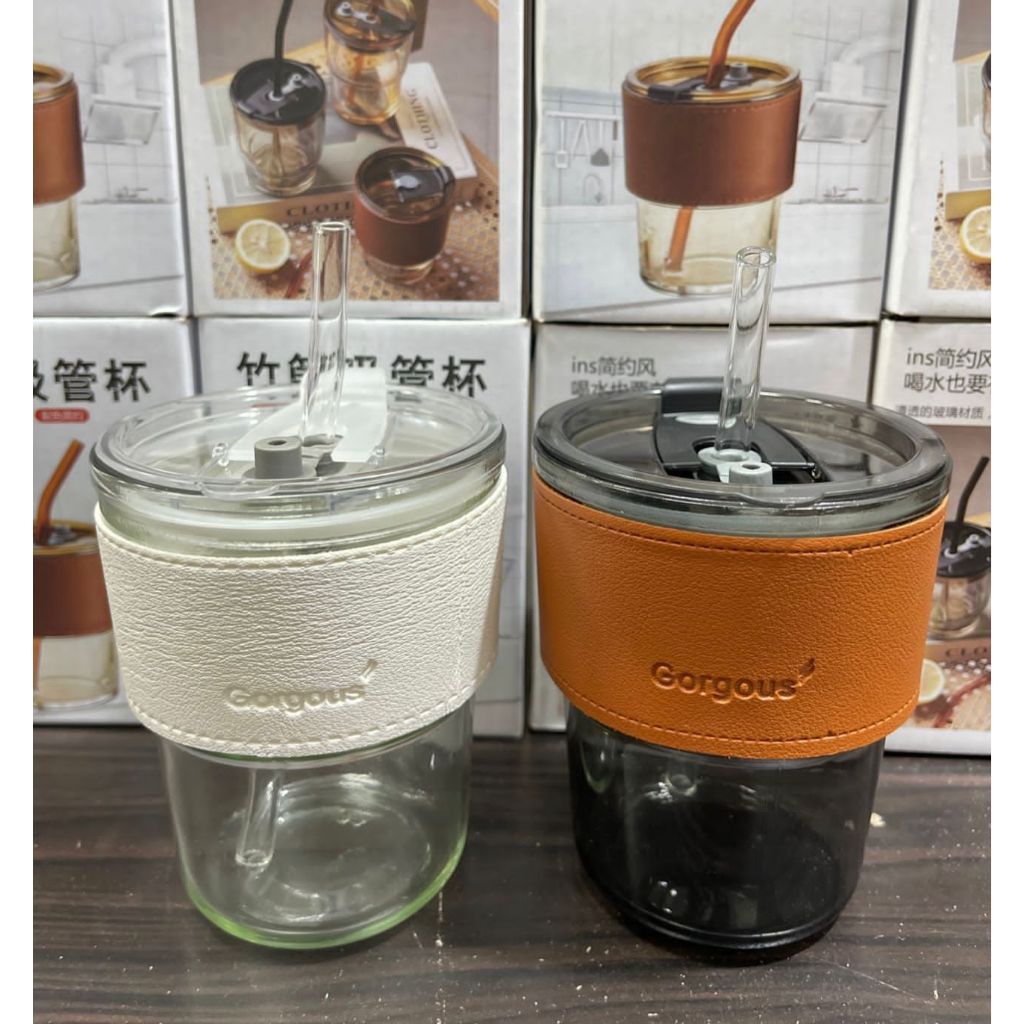 Botol minum kaca + sedotan botol gelas tumbler gelas kaca ukuran 400 ml