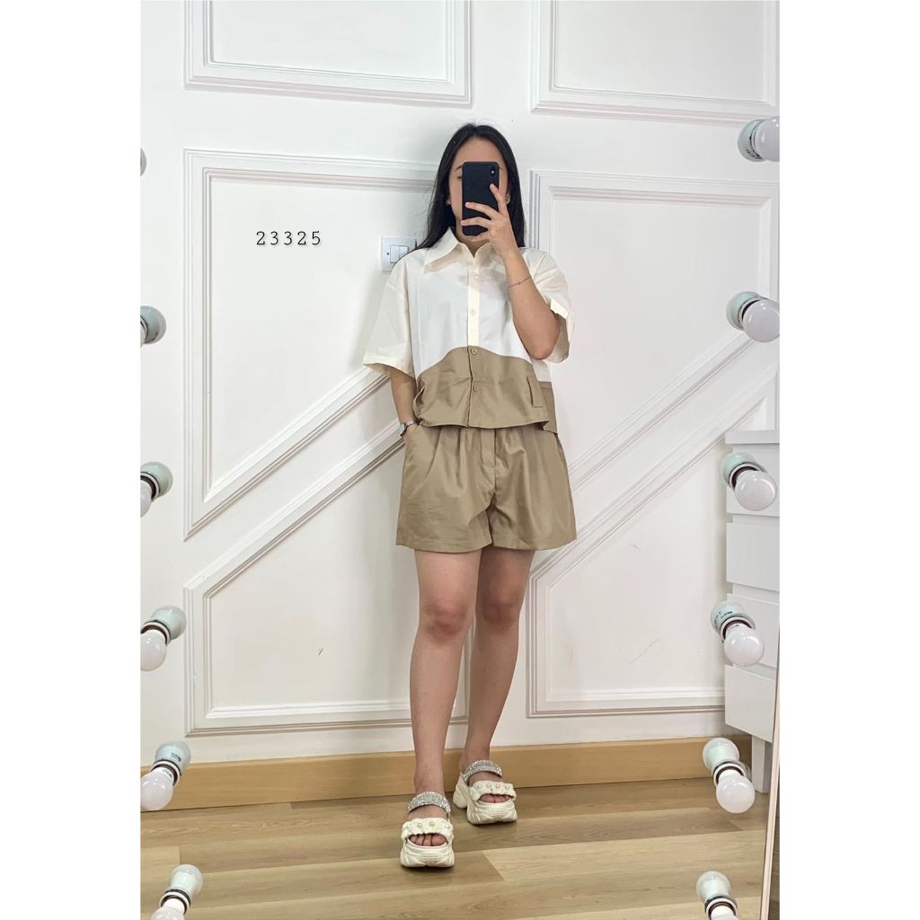 BAJU SETELAN WANITA ONE SET YR ATASAN KEMEJA OVERSIZE VARIASI DUA WARNA TANGAN PENDEK MIX CELANA PEN
