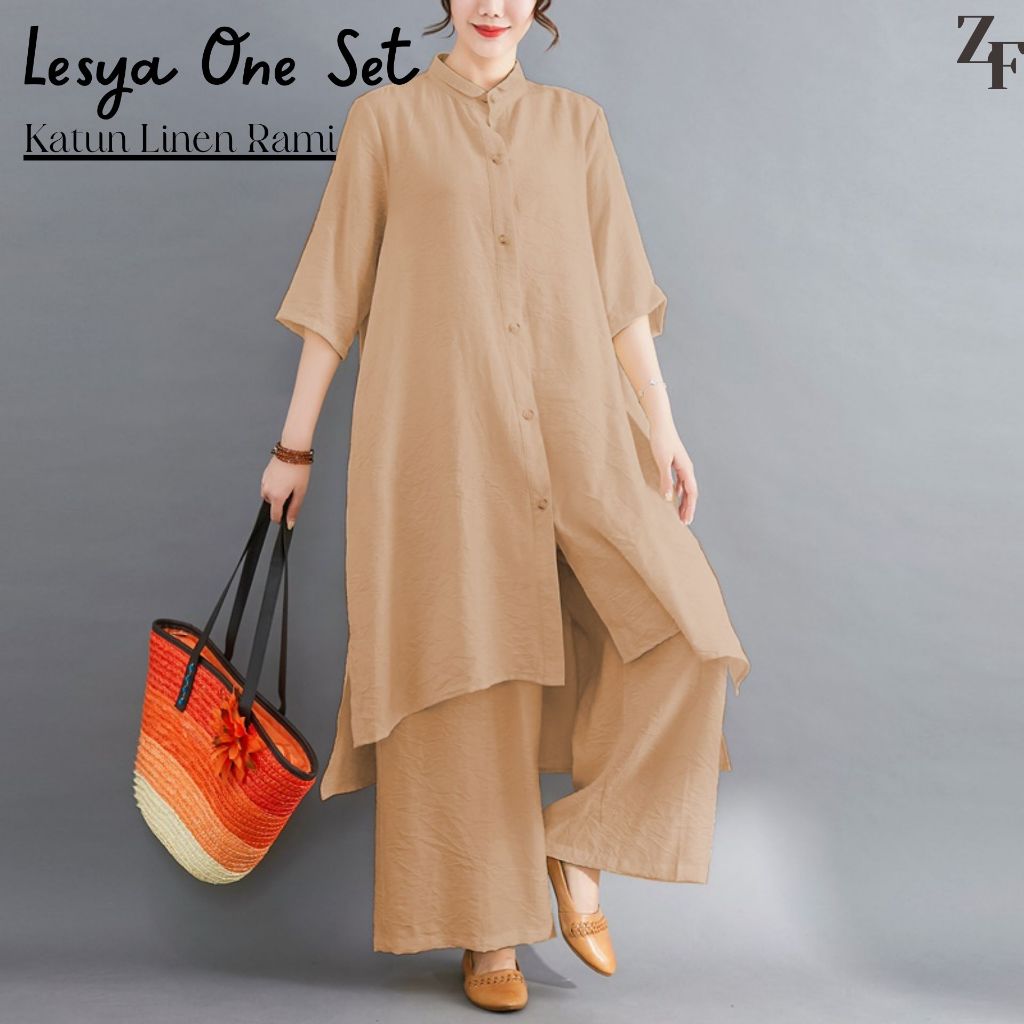 Lesya Setelan Wanita One Set Jumbo Atasan Tunik Dan Celana Kulot Bahan Katun Linen Rami Daily Set Ke
