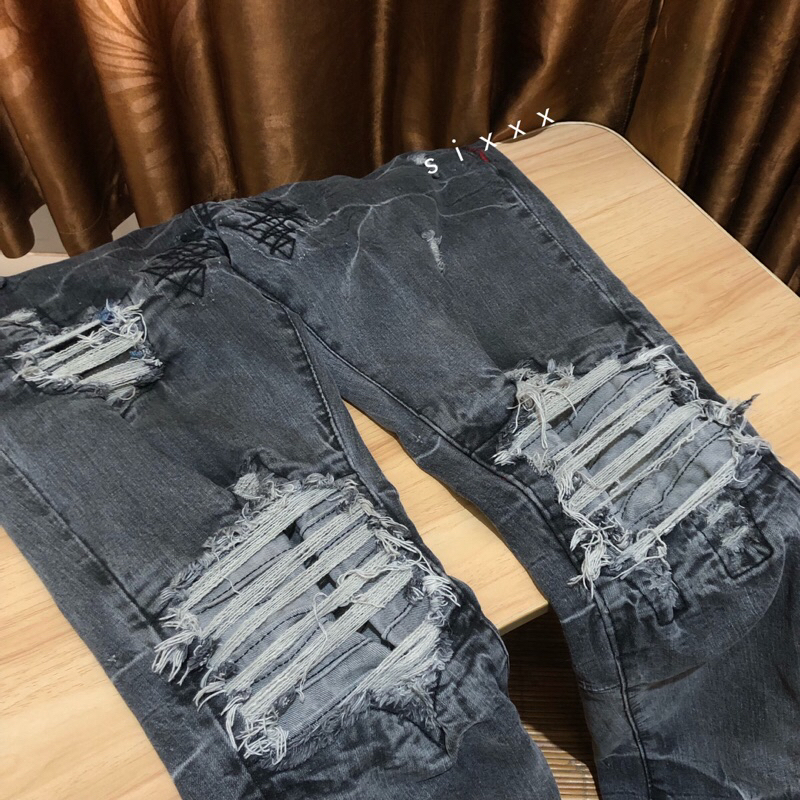 Denimitup (HAM) M1 Tri Biker - Acid Grey - Celana Ripped Jeans