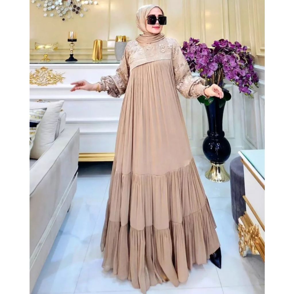 [ New Apparel ] Dress brukat lengan panjang wanita terbaru - Gamis model sambungan zipper belakang -