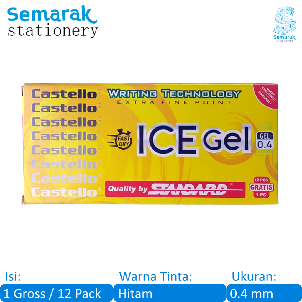 

Standard Castello Ice Gel Pen Aesthetic Pulpen Jel 0.4 mm - Hitam [1 Gross / 12 Pack / 144 + Gratis 12 Pcs]