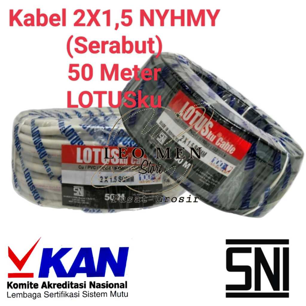 Kabel listrik Serabut Tembaga 2 x 1,5 mm~Kabel Lotusku Serabut Tembaga 2x1,5 mm~NYHMY~Meteran~SNI