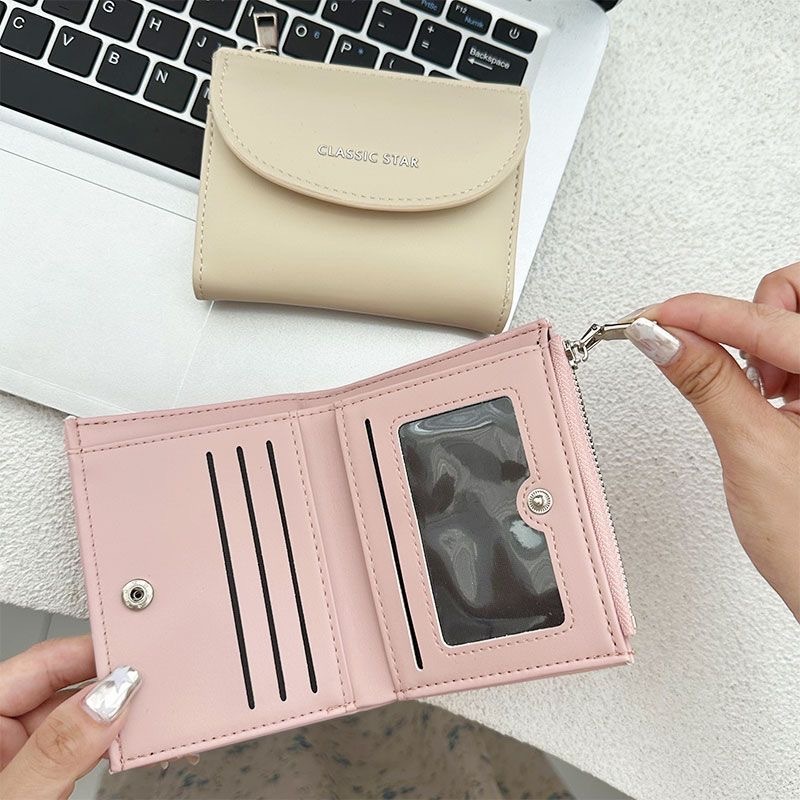 Dompet Lipat Dompet Koin Wanita Baru Gaya Korea Tempat Kartu Sederhana Warna Solid Pelajar Tas Lipstik Multifungsi Dompet Kapasitas Besar