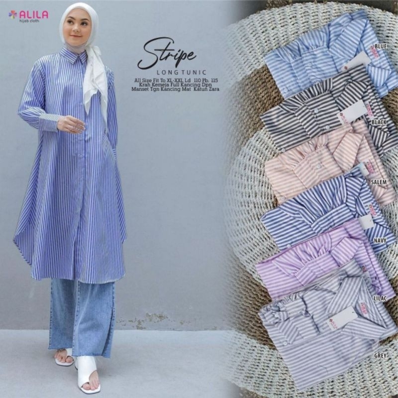 Stripe Long Tunik Katun Motif Salur Garis Ld 110 Jumbo Fit XXL Busui Kancing Aktif By Alila