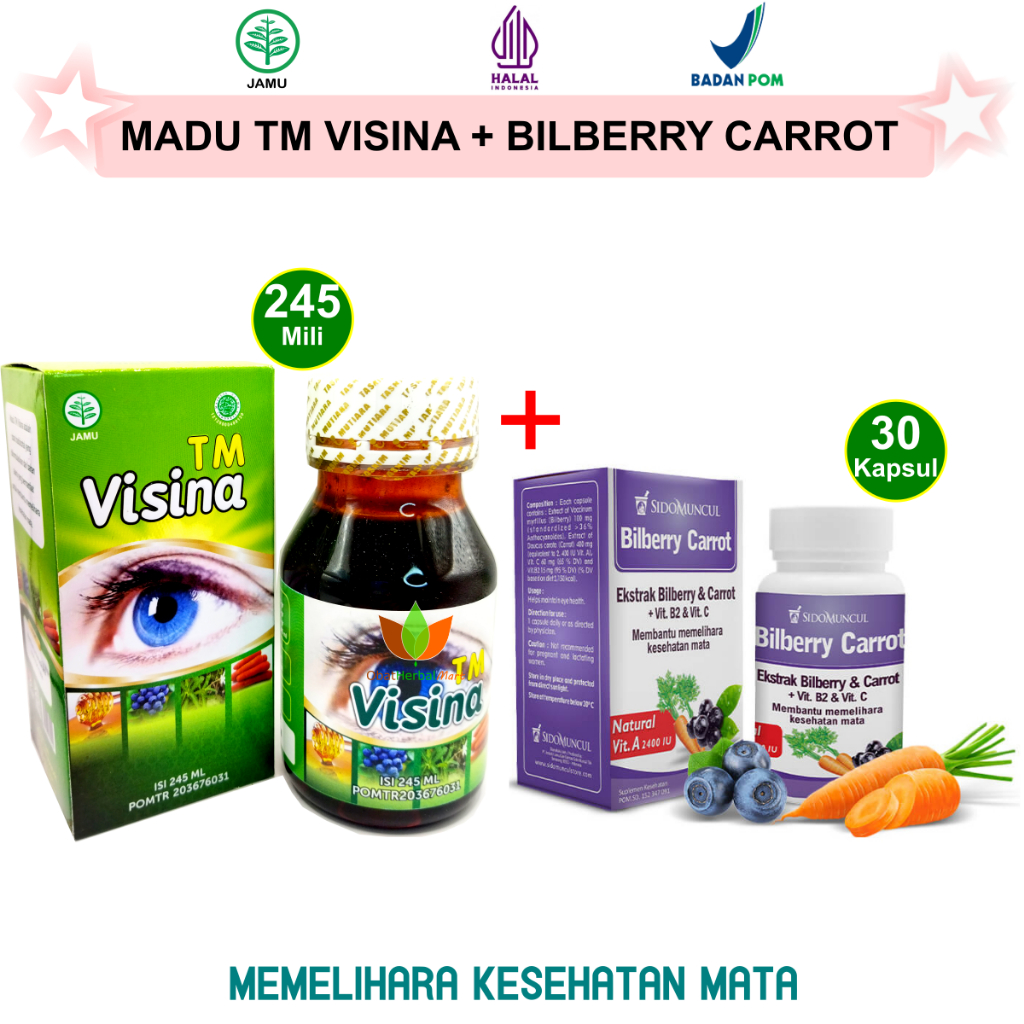 PAKET HEMAT OBAT VITAMIN MATA : KAPSUL BILBERRY CARROT SIDOMUNCUL BILLBERRY VIT B2 VIT C & MADU TM V