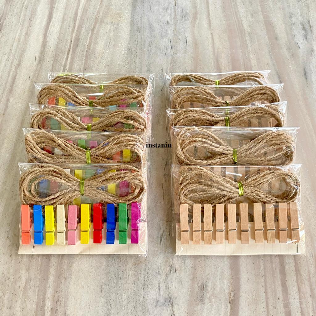 KLIP FOTO KAYU / WOODEN CLIP / PENJEPIT FOTO POLAROID ISI 10 PCS PLUS TALI 2 METER