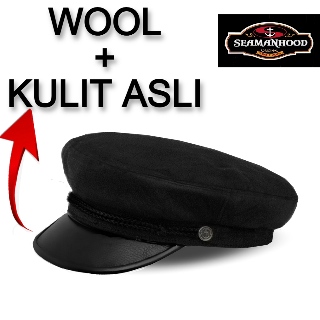 Fiddler Hat Topi Kapten Pria Wanita Bahan Wool Kombinasi Kulit