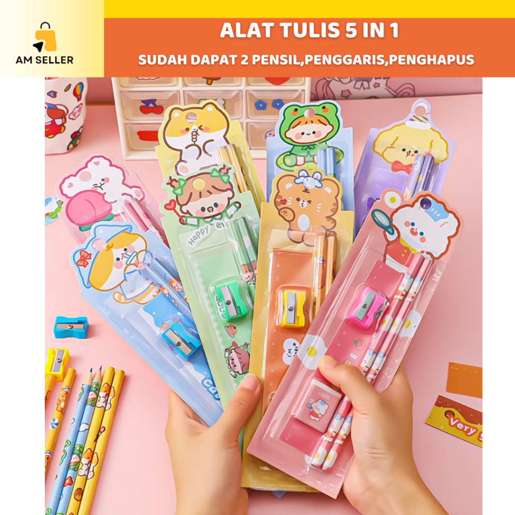 

Set Alat Tulis Sekolah Lengkap Stationery 5 in 1 Penggaris Rautan Penghapus Pensil