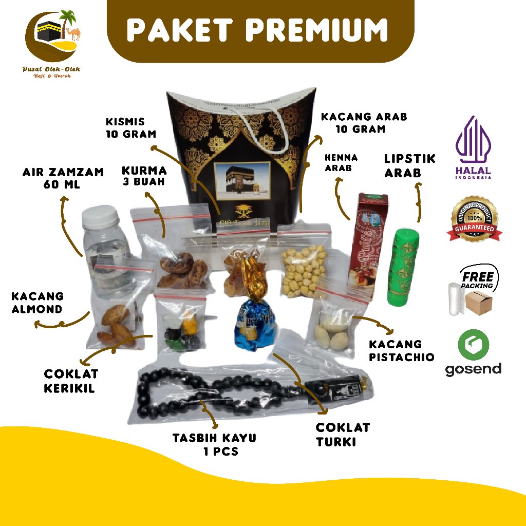 

Paket PREMIUM oleh oleh haji dan umroh air zamzam + Coklat kerikil + Tasbih kayu + kacang almond