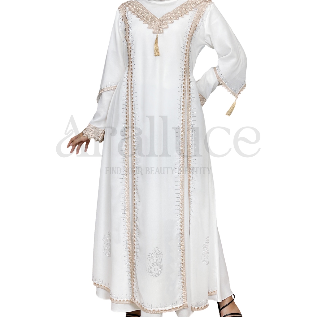 ORIGINAL ARALLUCE Baju gamis putih wanita kekinian ARL 019 - Dress abaya warna putih terbaru mewah