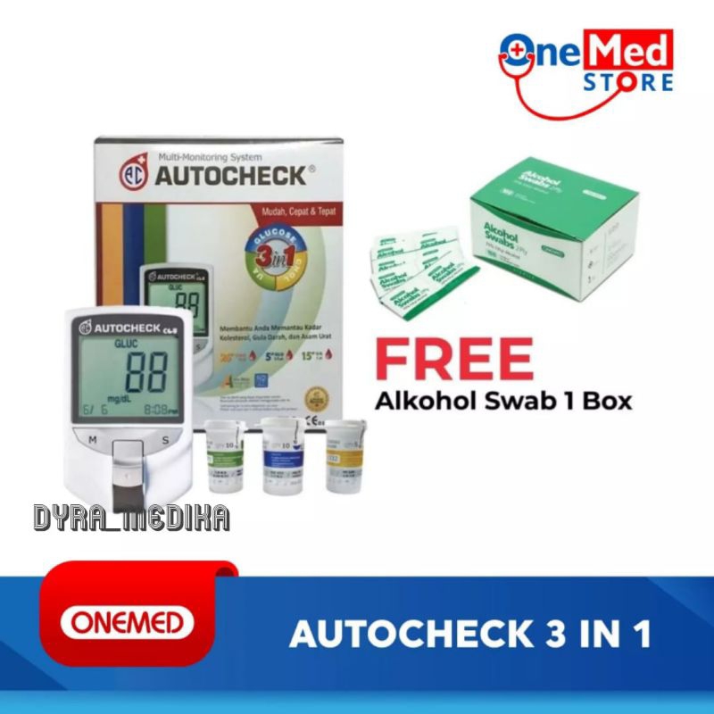 AUTOCHECK 3IN1 ALAT CEK GULA DARAH ASAM URAT KOLESTEROL + BONUS ALKOHOL SWAB ONEMED