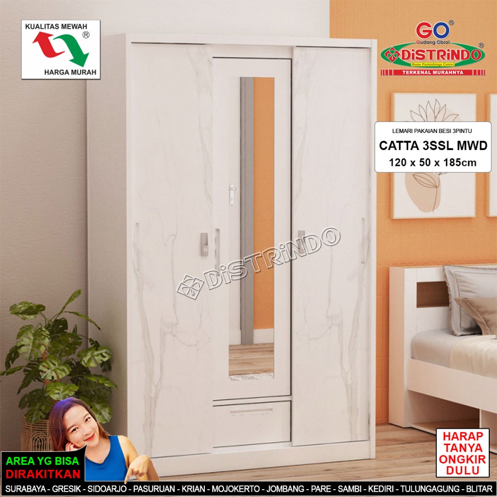 DISTRINDO Lemari Pakaian 3Pintu Plat Besi Lemari Pakaian Sliding 3Pintu Minimalis+Laci Brankas