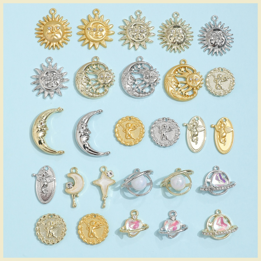 Retro Couple Emas Perak Matahari Bulan Bintang Malaikat Alloy Liontin DIY Handmade Anting Perhiasan 