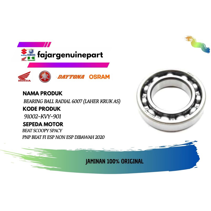BEARING BALL RADIAL 6007 LAHER KRUK AS BEAT SCOOPY SPACY KARBU 91002KVY901 AHM