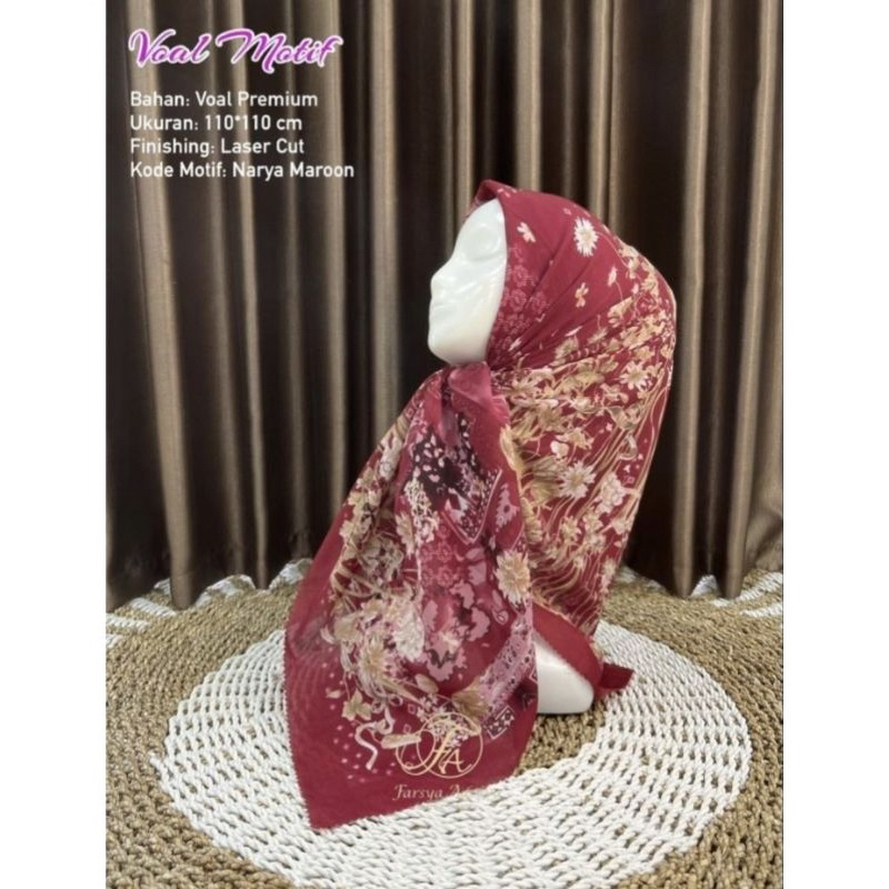 Hijab Segi Empat Voal Motif Narya Warna Ungu Kerudung Jilbab Murah Terbaru