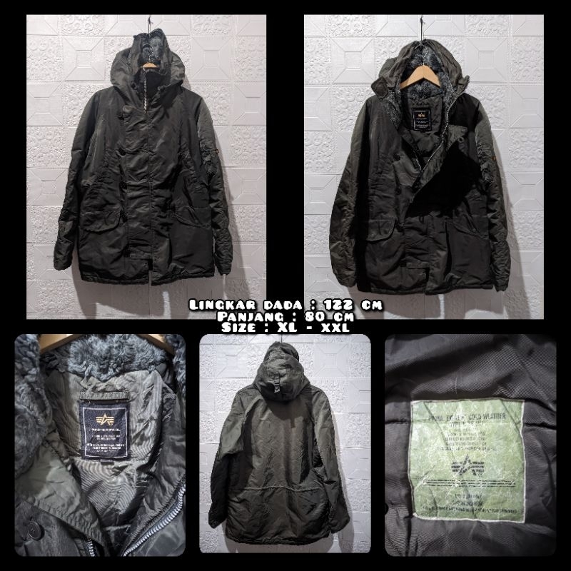 Jaket Parka Tebal Merk Alpha Industries Warna Hijau Army Second Original.