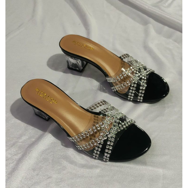 Sandal hak kaca tali permata / sandal wanita hak tinggi 5cm