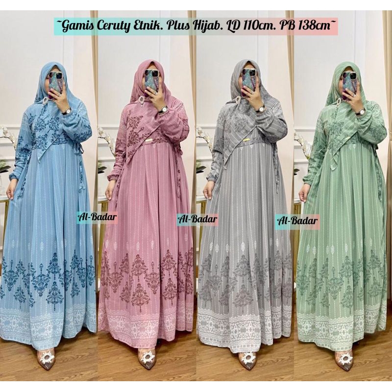 (BISA COD) GAMIS SET HIJAB MOTIF ETNIK GARIS GAMIS SET HIJAB CERUTY BABYDOLL