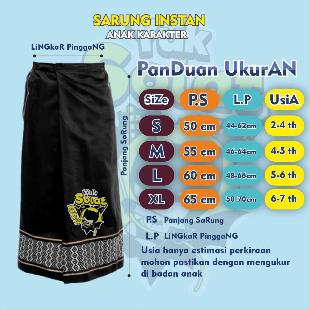 Sarung Instan Anak Laki Laki Karakter Font Yuk Solat Untuk Usia 2 sampai 7 Tahun