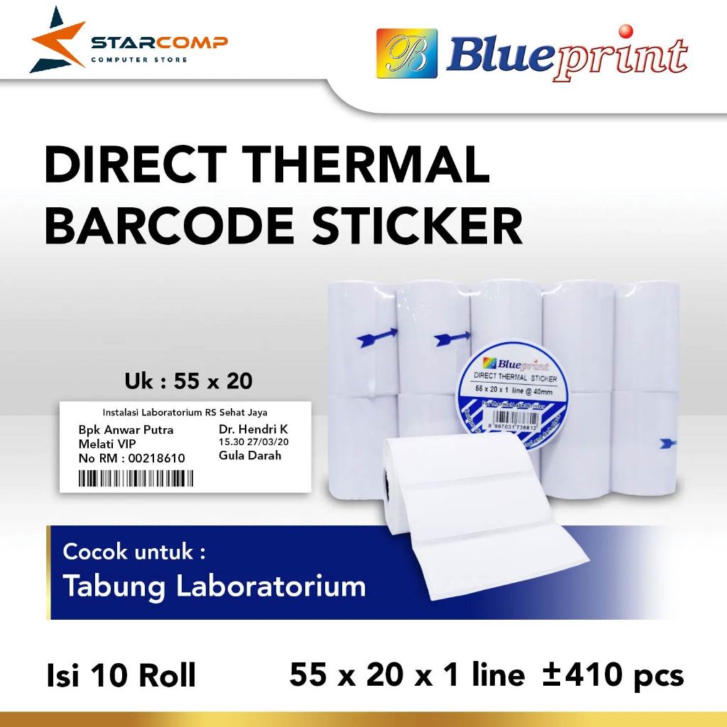 

BLUEPRINT Direct Thermal Sticker 55x20 / Label Stiker 55mm x 20mm x 1 line Isi 410