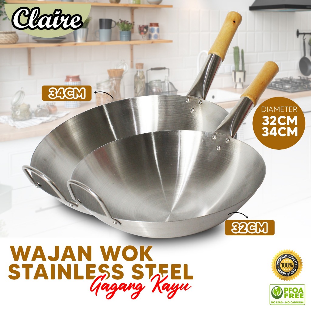 GARANSI (COD) WAJAN STAINLESS STEEL GAGANG KAYU ANTI PANAS / WAJAN STAINLESS STEEL GAGANG KAYU ANTI