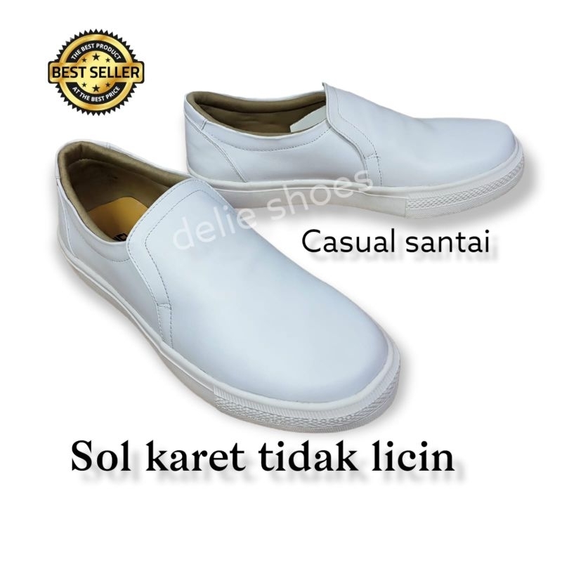 Sepatu Slip On Pria delie Putih original kulit - perawat -mahasiswa -poltekes