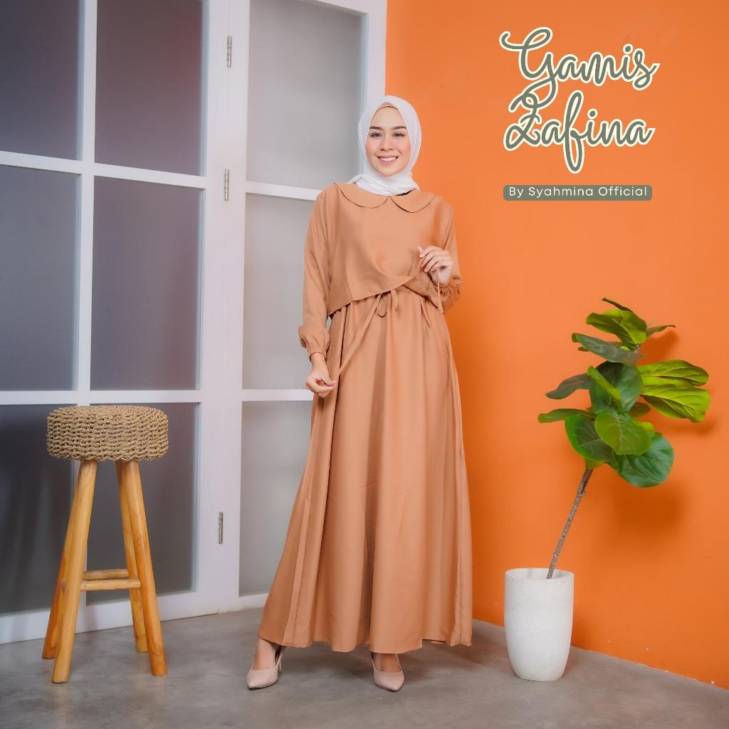 Syahmina - Baju Gamis Wanita Remaja Zafina Maxi Dress Kondangan Kekinian Bahan Moscrepe Warna Hitam
