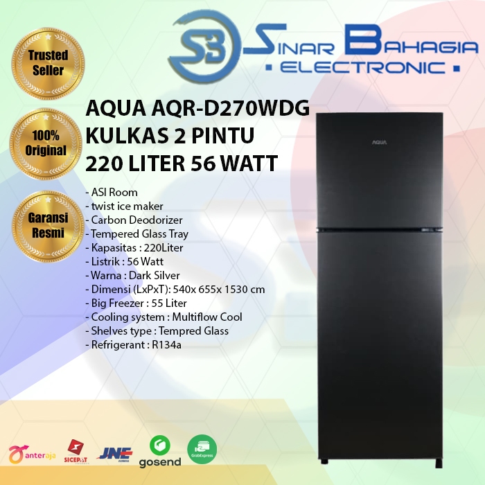 AQUA AQR-D270WDG KULKAS 2 PINTU 220 LITER 56 WATT (NEW) (KHUSUS BANDUNG)