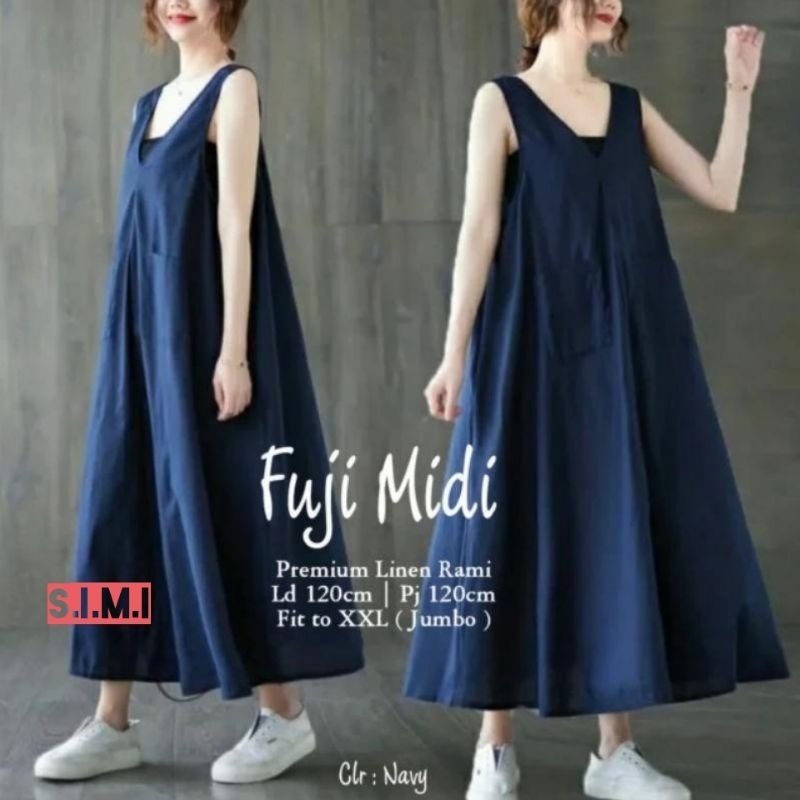 SIMIFASHION Midi dress tanpa lengan (overall tanpa lengan) bahan linen premium ukuran JUMBO