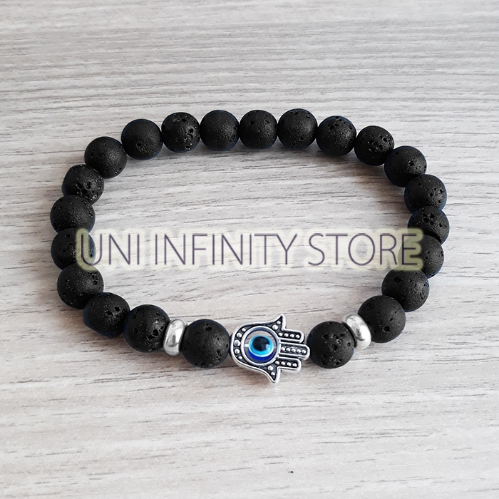 JWBR0165 Gelang Batu Lava Hitam Hamsa Perak Ring Polos Unisex Pria Wanita Silver Hand Protection Pla
