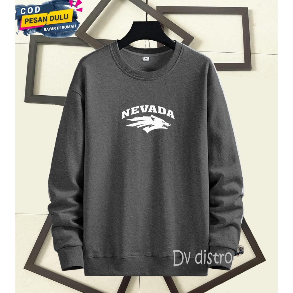 COD Sweater Crewneck Distro Nevada Text Putih Premium Quality Lengan Panjang Bahan Tebal Sweatshirt 