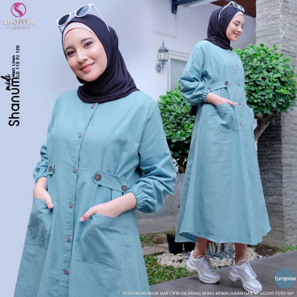SHANUM GAMIS MIDI DRESS WANITA KEKINIAN KOREAN STYLE BAHAN LINEN CANTIK