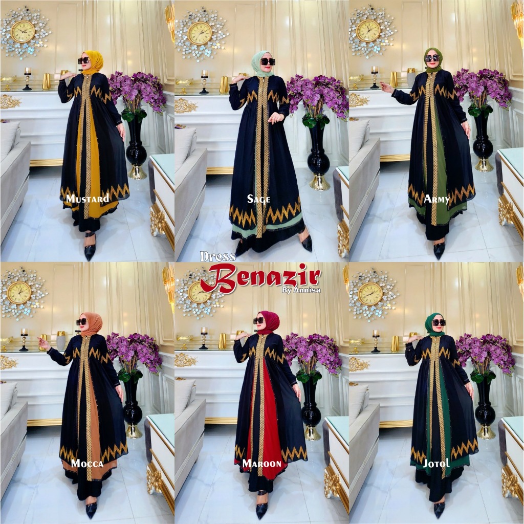 DRESS BENAZIR BY ANNISA – Gaun Muslimah Elegan | Jersey Korea & Ceruty Gold Bordir | Wudhu Friendly