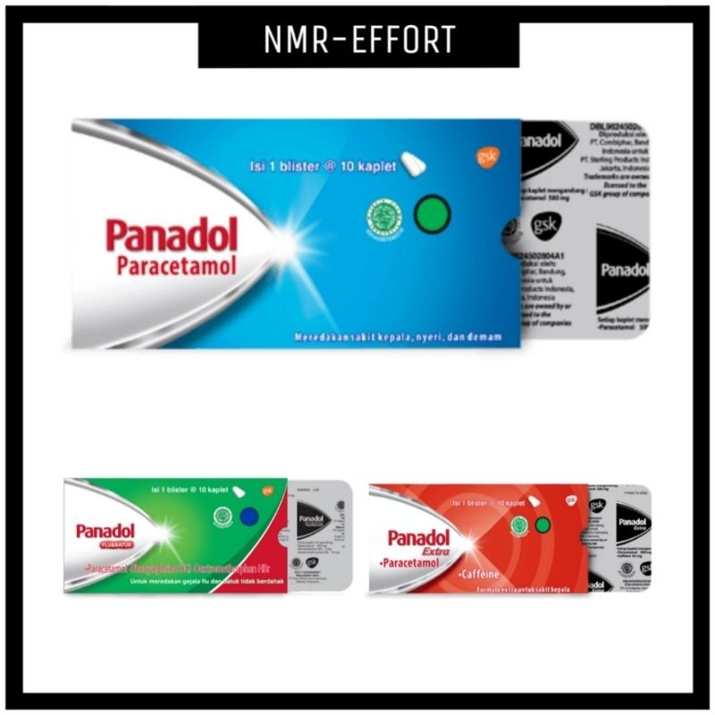 Panadol 1 BLISTER @ 10 Kaplet Paracetamol - Biru Merah (Extra) Hijau Flu dan Batuk