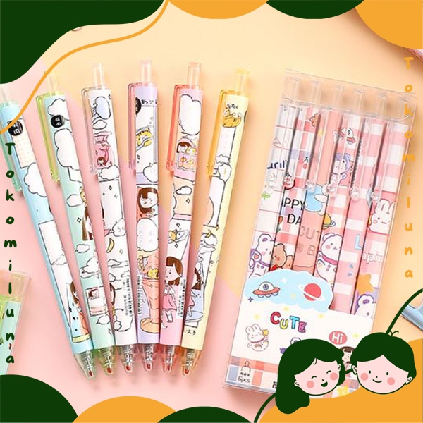 

1 set 6 pcs pulpen mekanik lucu cute gambar kartun tinta gel hitam pena aesthetic HB1375