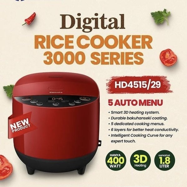 PHILIPS RICECOOKER DIGITAL TYPE HD-4515/29 / HD4515/29 RED / 5 PILIHAN MENU HD4515 RED / GARANSI 2 T