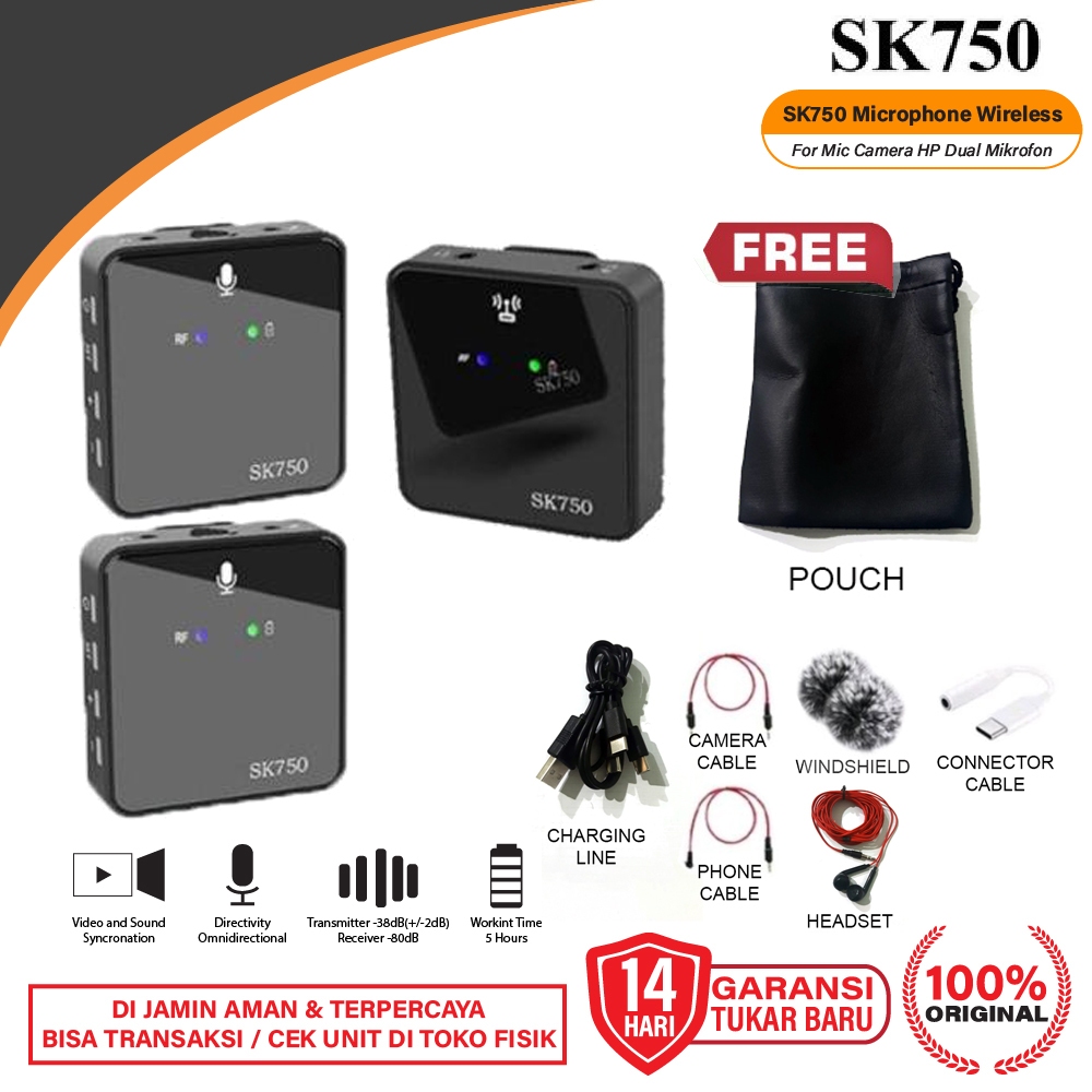 SK750 Microphone Clip On Wireless Mic Camera HP Dual Mikrofon