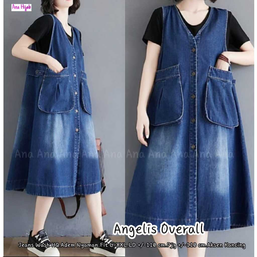 [Bisa COD] Angelis overall by Ana hijab overall jeans premium size jumbo ld 105 angelis overall midi
